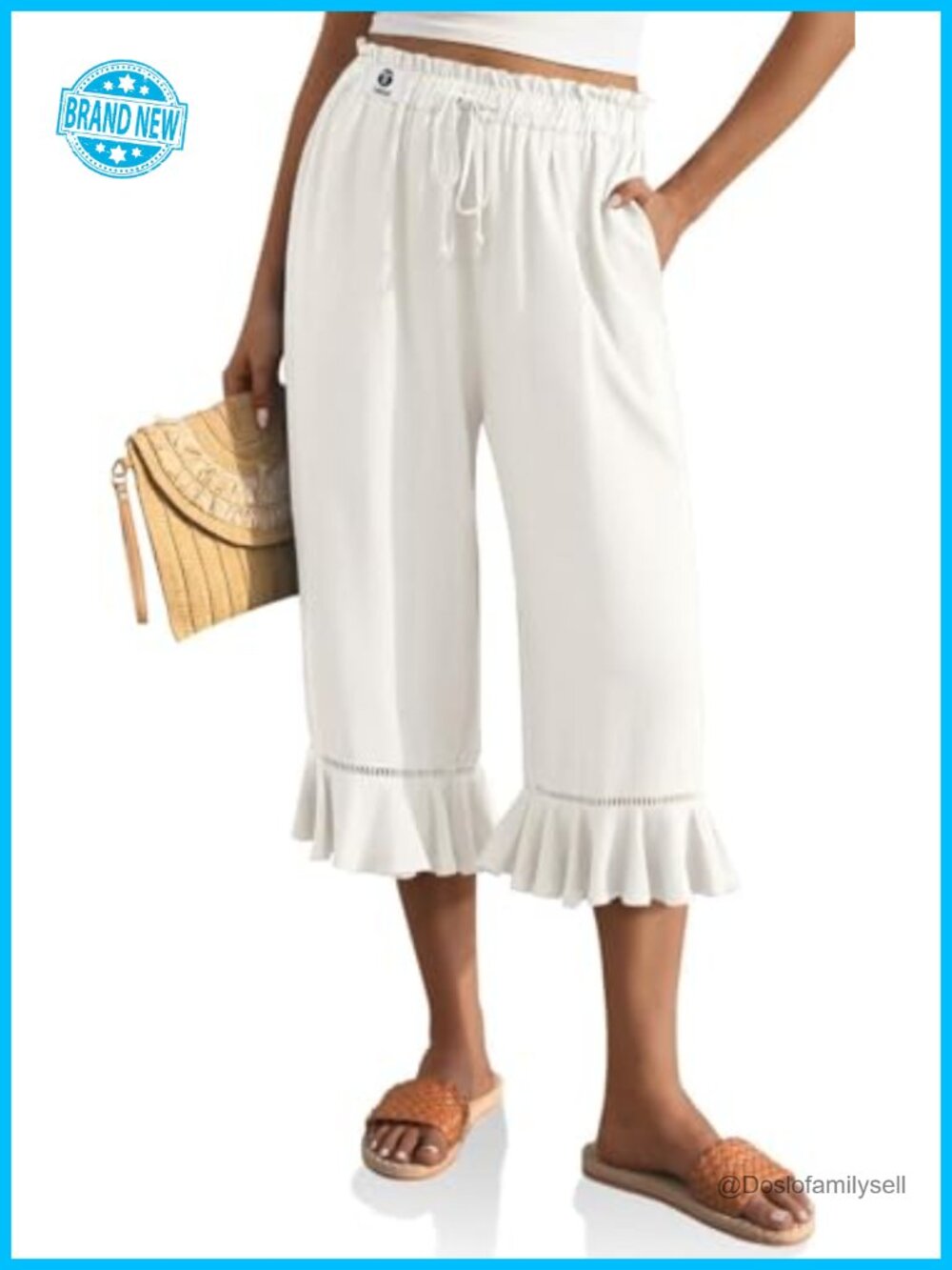 Linen High Waisted Drawstring Wide Leg Flared Ruffle Hem Palazzo Pants with
